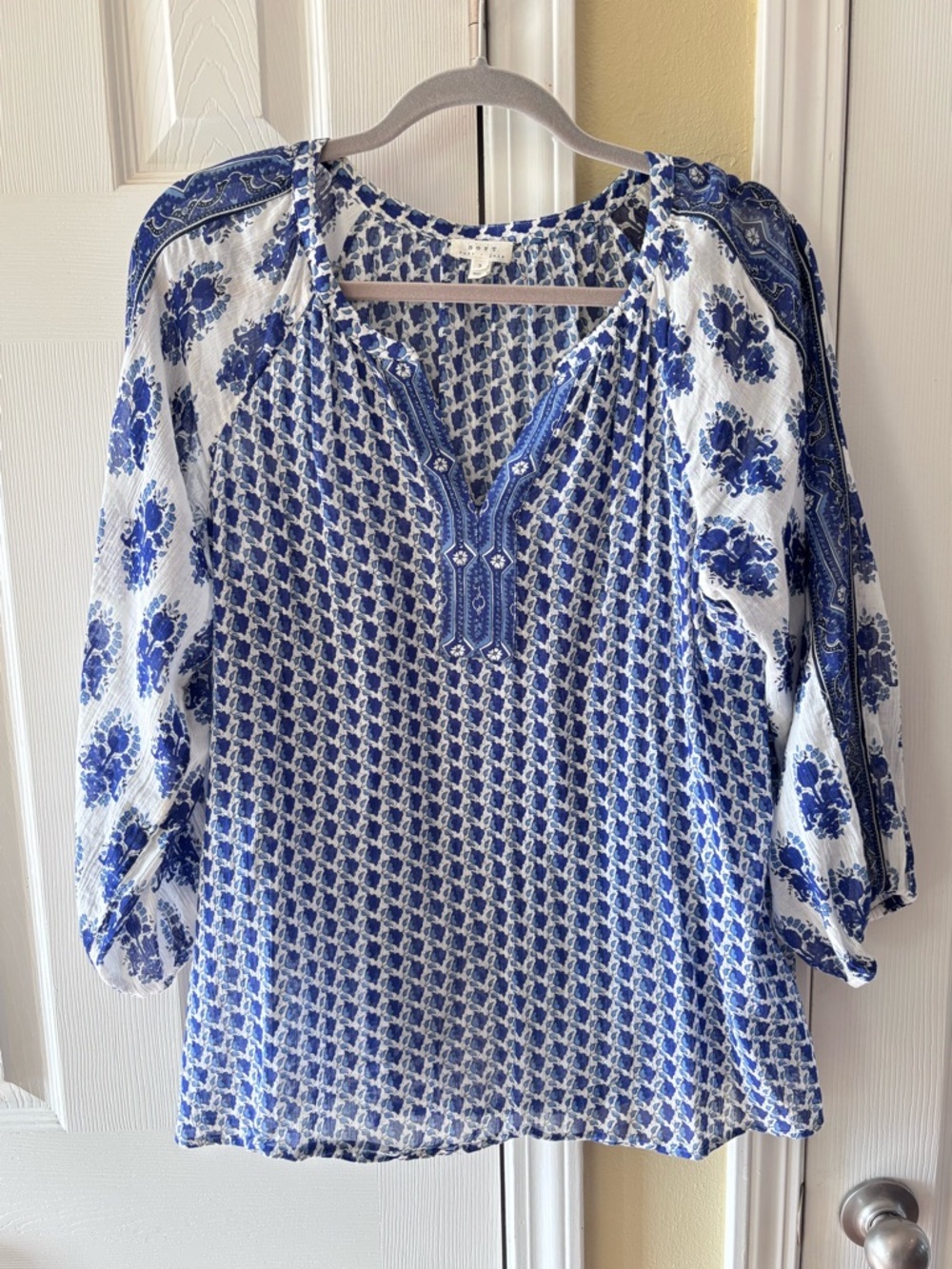 Joie Blue and White Printed Peasant Blouse